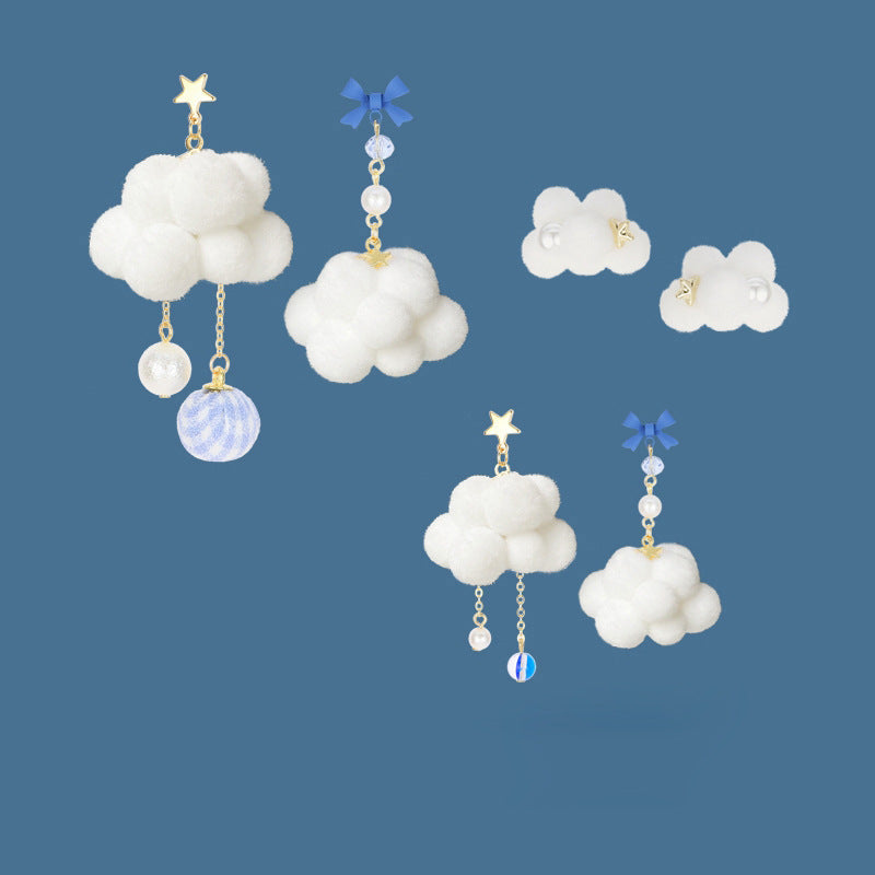 Asymmetric white cloud-shaped fluffy ball cute bow-shaped earrings for girls with a heart theme