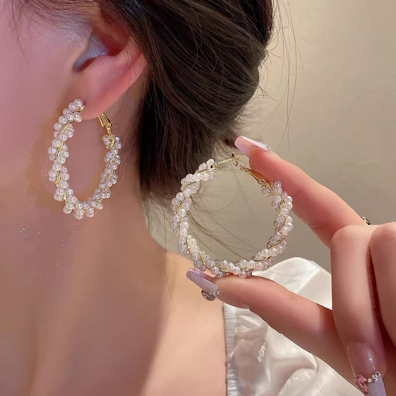 Large ear hoop party circle pearl round earrings