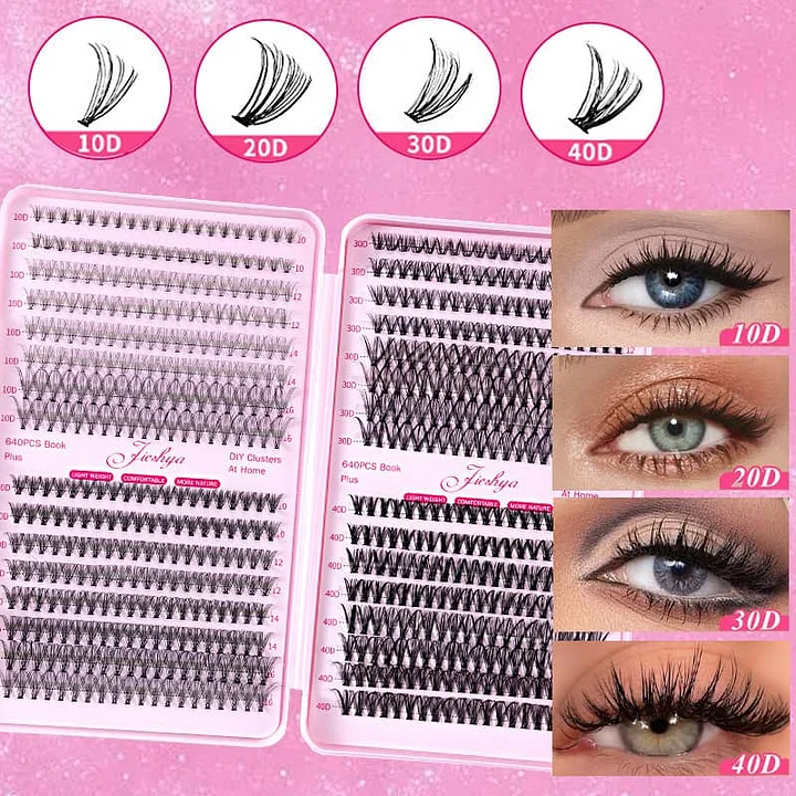 Lashes Extension Kit DIY Individual Lashes Kit Curl False Eyelashes Clusters Kit 640 Pcs 10D+20D+30D+40D, 8-16mm with Eyelash Tools Set