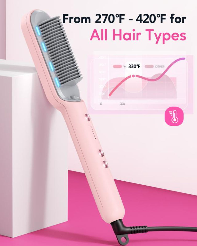 Hair Straightener Brush, Ring Hair Straightener Comb Straightening Brush for Women with 5 Temps 20s Fast Heating & Dual Voltage