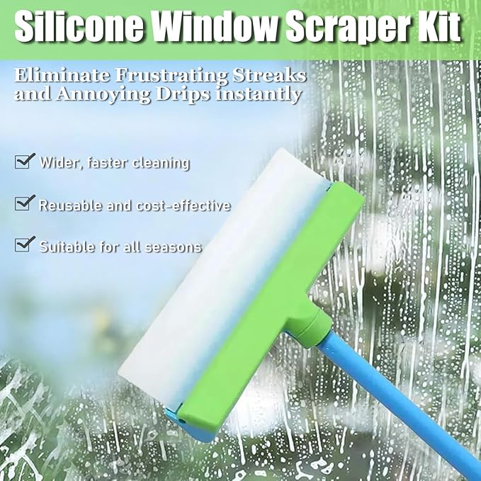 Recyclable Silicone Window Squeegee Kit - Complete Glass Cleaning Set with Silicone Squeegee & Microfiber Scrubber for Shower, Mirror, Door & Car Cleaning-zhp