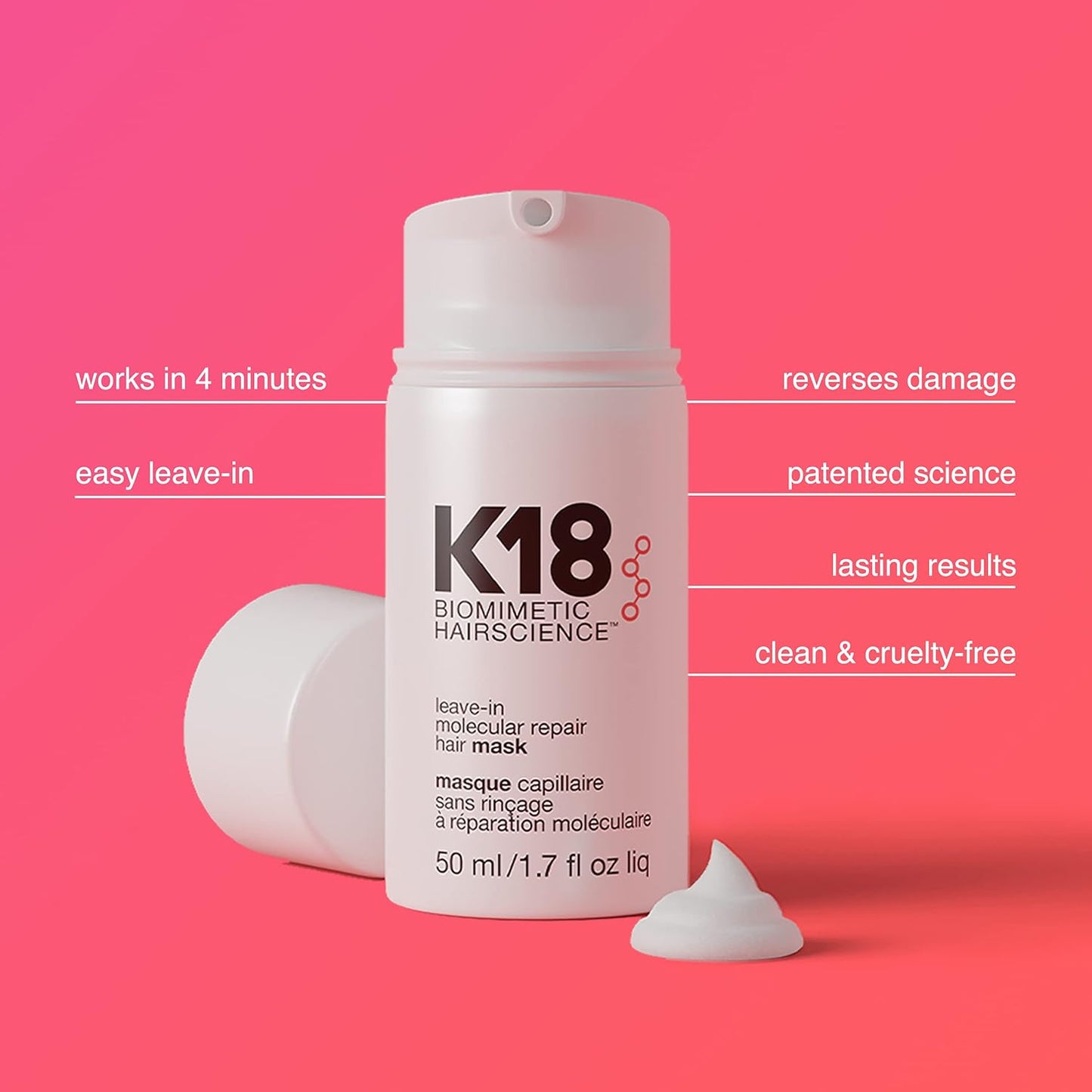 K18 Leave-In Molecular Hair Mask, Repairs Dry or Damaged Hair, Reverse Hair Damage from Bleach, Color, Chemical Services & Heat-LLH