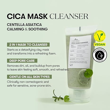 VT COSMETICS CICA Mask Cleanser, 2-in-1 Facial Wash, Non-Drying Clay Mask, Gentle Pore Care, Exfoliating, Hydrating, Centella Asiatica for Acne-Prone & Sensitive Skin, Korean Skincare -LLH
