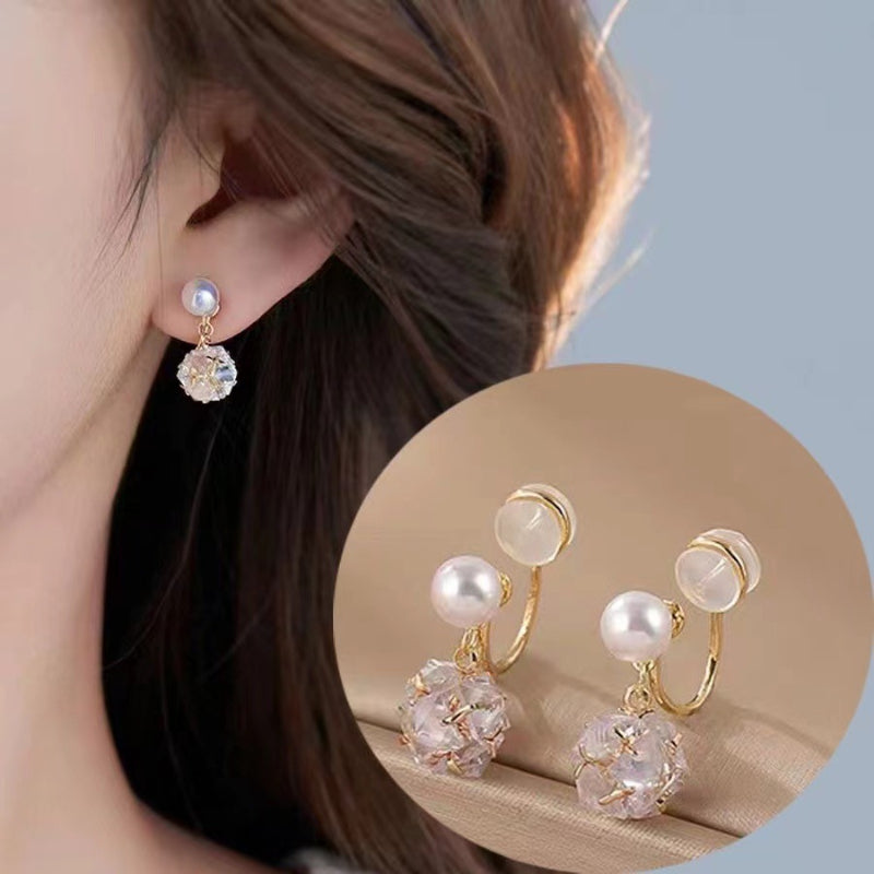 Zircon earrings, ear clips, imitation pearls, short and compact, French style, simple temperament and high-end feel
