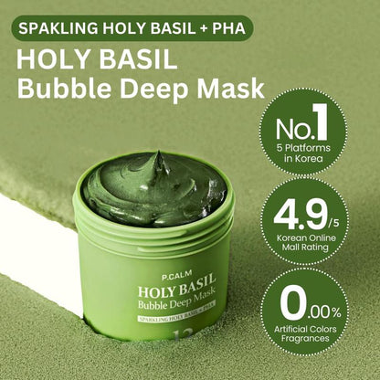 Holy Basil Bubble Deep Mask 13% - Sparkling Holy Basil & PHA for Cleansing Pores & Blackheads Korean Clay Bubble Wash Off Pack 90g-hz