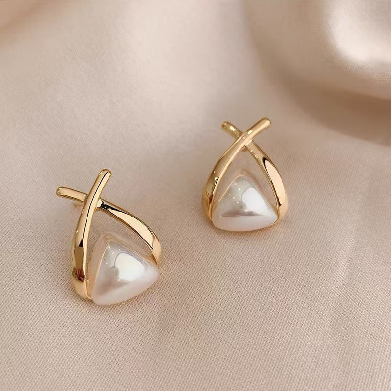 Metal white pearl cross high-end design earrings