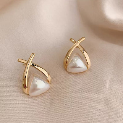 Metal white pearl cross high-end design earrings