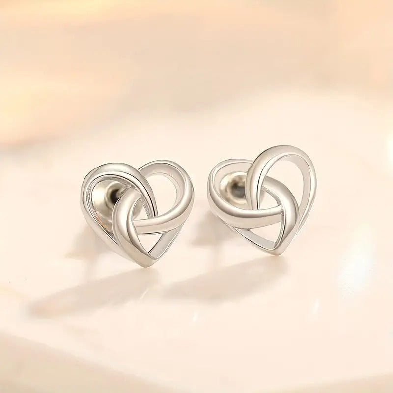 Silver sweet earrings - heart-shaped simple interwoven earrings