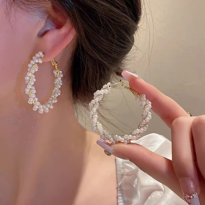 Large ear hoop party circle pearl round earrings