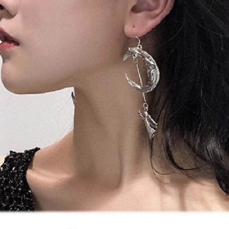 Punk trend retro moon-shaped Cupid angel cross stud earrings