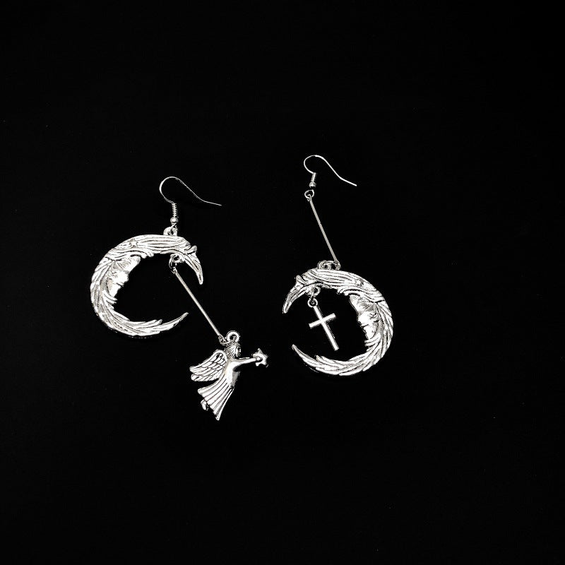 Punk trend retro moon-shaped Cupid angel cross stud earrings