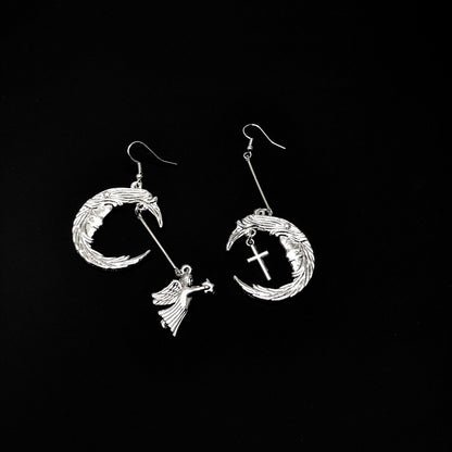 Punk trend retro moon-shaped Cupid angel cross stud earrings