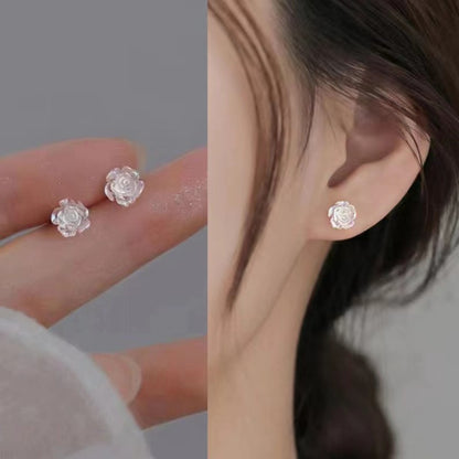 White camellia stud earrings, rose-shaped fine needle earrings