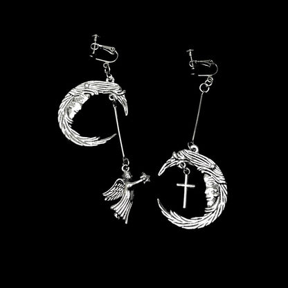 Punk trend retro moon-shaped Cupid angel cross stud earrings
