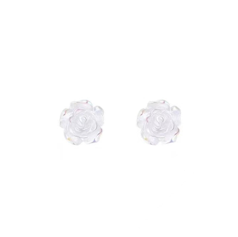 White camellia stud earrings, rose-shaped fine needle earrings