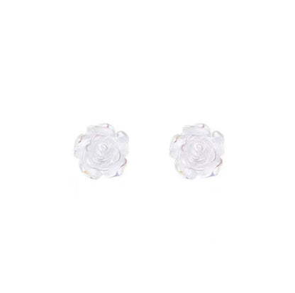 White camellia stud earrings, rose-shaped fine needle earrings