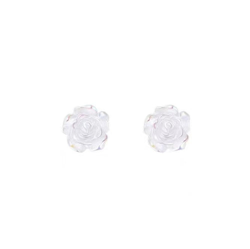 White camellia stud earrings, rose-shaped fine needle earrings