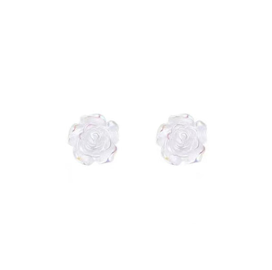 White camellia stud earrings, rose-shaped fine needle earrings
