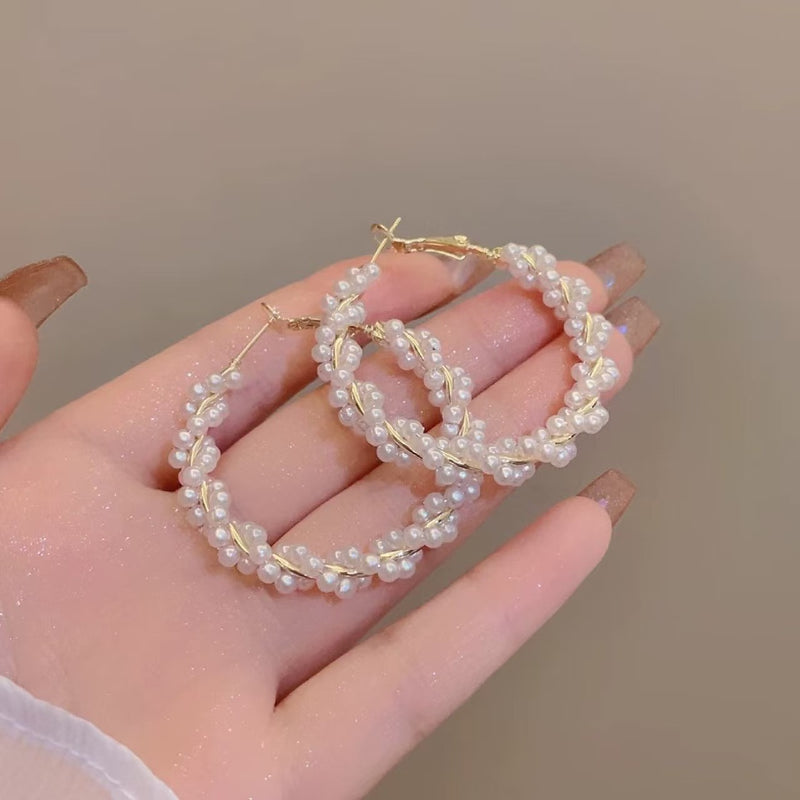 Large ear hoop party circle pearl round earrings