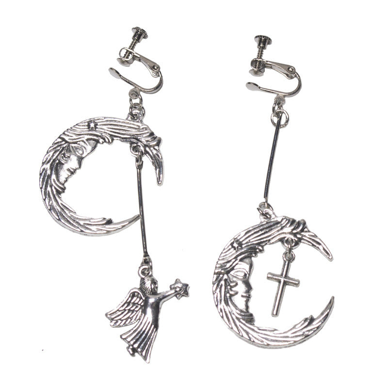 Punk trend retro moon-shaped Cupid angel cross stud earrings
