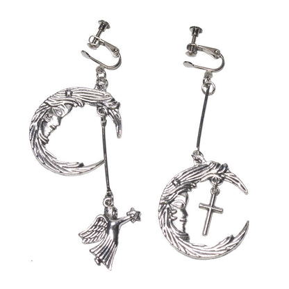 Punk trend retro moon-shaped Cupid angel cross stud earrings