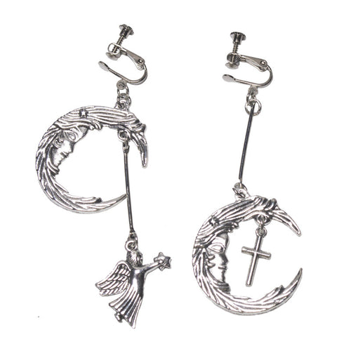 Punk trend retro moon-shaped Cupid angel cross stud earrings