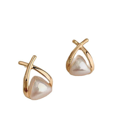 Metal white pearl cross high-end design earrings