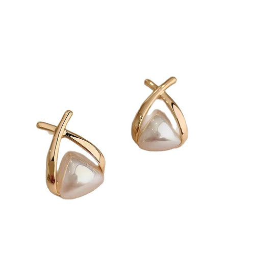 Metal white pearl cross high-end design earrings