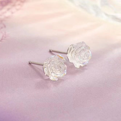 White camellia stud earrings, rose-shaped fine needle earrings