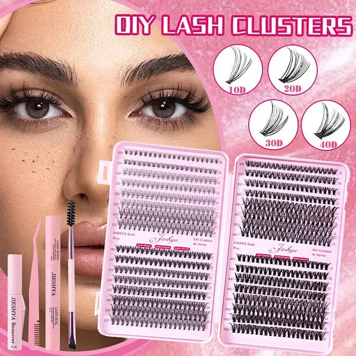 Lashes Extension Kit DIY Individual Lashes Kit Curl False Eyelashes Clusters Kit 640 Pcs 10D+20D+30D+40D, 8-16mm with Eyelash Tools Set