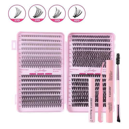 Lashes Extension Kit DIY Individual Lashes Kit Curl False Eyelashes Clusters Kit 640 Pcs 10D+20D+30D+40D, 8-16mm with Eyelash Tools Set