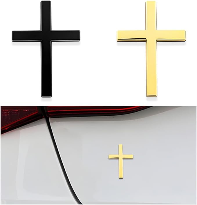 2PCS Metal Jesus Christ Cross Badge Stickers, 2.5"×1.8" Alloy 3D Individual Car Cross Sticker, Self Adhesive Scratch Covering Metal Cross Auto Emblem Decal for Car Body Fender Tail-HP