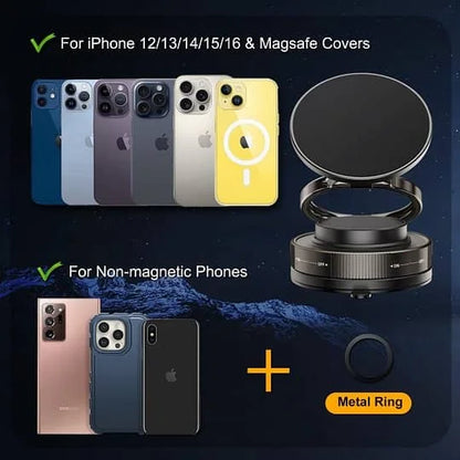 360° Adjustable Vacuum Magnetic Phone Holder for Car, Suction Cup Phone Mount for Magsafe, Portable Cell Phone Holder for Makeup/Gym/Mirror, Fit for All Smartphones-LY