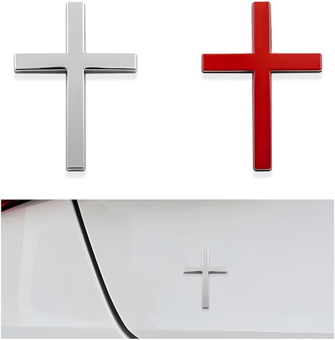 2PCS Metal Jesus Christ Cross Badge Stickers, 2.5"×1.8" Alloy 3D Individual Car Cross Sticker, Self Adhesive Scratch Covering Metal Cross Auto Emblem Decal for Car Body Fender Tail-HP