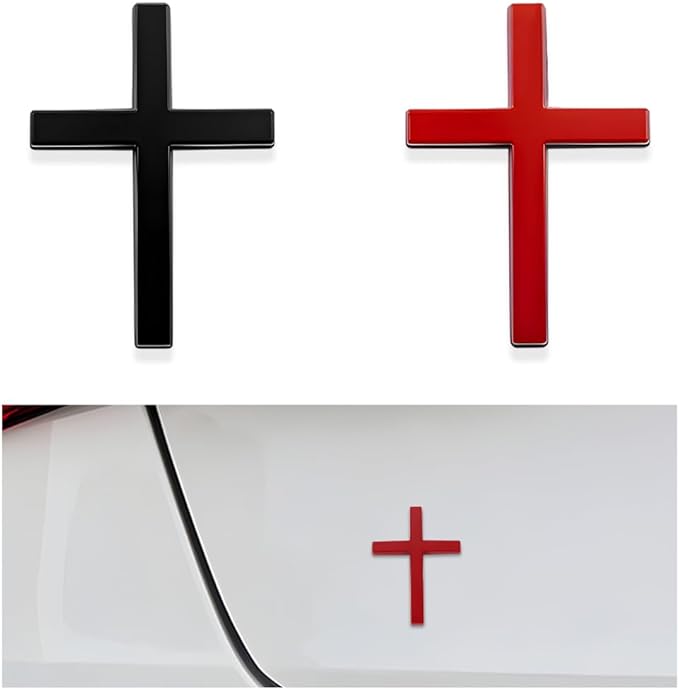2PCS Metal Jesus Christ Cross Badge Stickers, 2.5"×1.8" Alloy 3D Individual Car Cross Sticker, Self Adhesive Scratch Covering Metal Cross Auto Emblem Decal for Car Body Fender Tail-HP