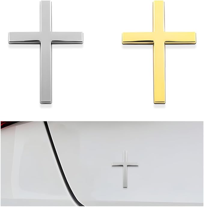 2PCS Metal Jesus Christ Cross Badge Stickers, 2.5"×1.8" Alloy 3D Individual Car Cross Sticker, Self Adhesive Scratch Covering Metal Cross Auto Emblem Decal for Car Body Fender Tail-HP