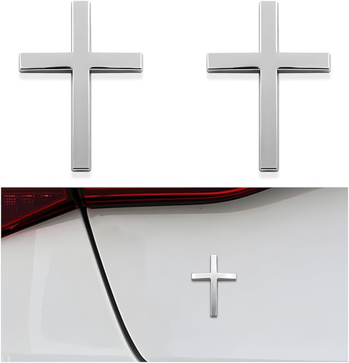 2PCS Metal Jesus Christ Cross Badge Stickers, 2.5"×1.8" Alloy 3D Individual Car Cross Sticker, Self Adhesive Scratch Covering Metal Cross Auto Emblem Decal for Car Body Fender Tail-HP