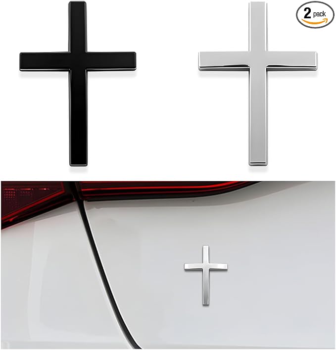 2PCS Metal Jesus Christ Cross Badge Stickers, 2.5"×1.8" Alloy 3D Individual Car Cross Sticker, Self Adhesive Scratch Covering Metal Cross Auto Emblem Decal for Car Body Fender Tail-HP
