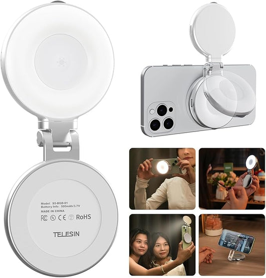 TELESIN C03 Magnetic Selfie Light, Phone Light Compatible with iPhone Magsafe, CRI97 360° LED Selfie Ring Fill Light with Mirror for Selfies/Photography/TikTok/Zoom Calls/Video Conference-ZHP
