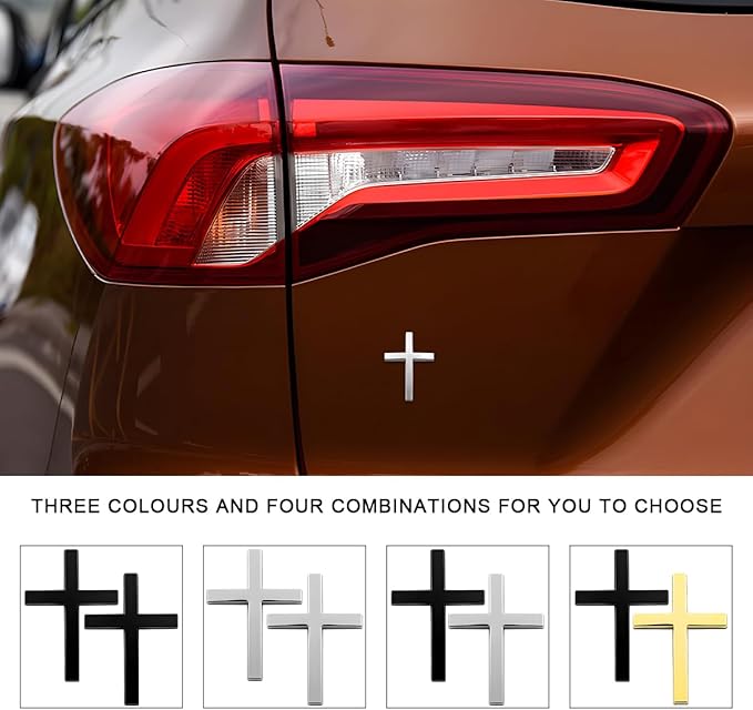 2PCS Metal Jesus Christ Cross Badge Stickers, 2.5"×1.8" Alloy 3D Individual Car Cross Sticker, Self Adhesive Scratch Covering Metal Cross Auto Emblem Decal for Car Body Fender Tail-HP