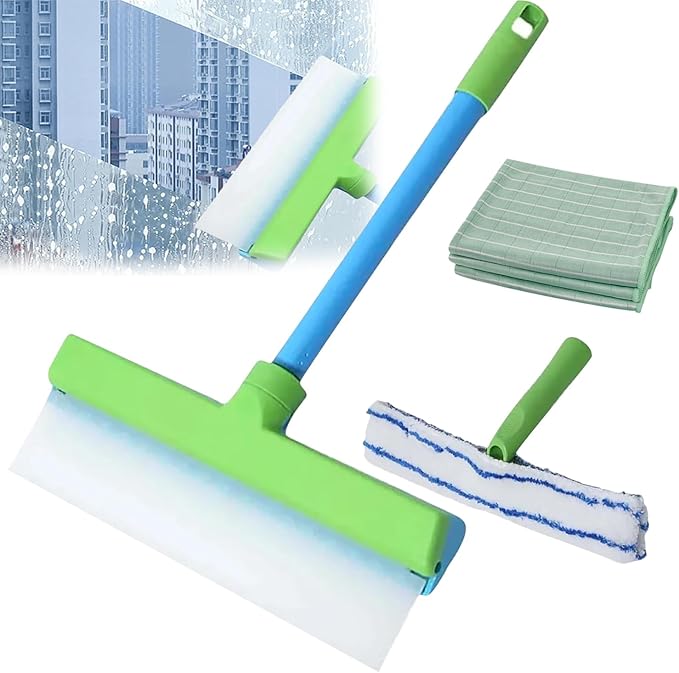Recyclable Silicone Window Squeegee Kit - Complete Glass Cleaning Set with Silicone Squeegee & Microfiber Scrubber for Shower, Mirror, Door & Car Cleaning-zhp
