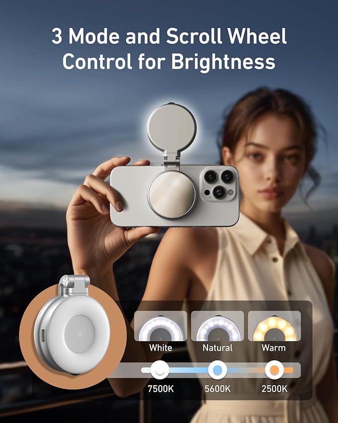 TELESIN C03 Magnetic Selfie Light, Phone Light Compatible with iPhone Magsafe, CRI97 360° LED Selfie Ring Fill Light with Mirror for Selfies/Photography/TikTok/Zoom Calls/Video Conference-ZHP