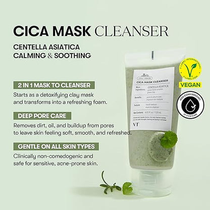 VT COSMETICS CICA Mask Cleanser, 2-in-1 Facial Wash, Non-Drying Clay Mask, Gentle Pore Care, Exfoliating, Hydrating, Centella Asiatica for Acne-Prone & Sensitive Skin, Korean Skincare -LLH