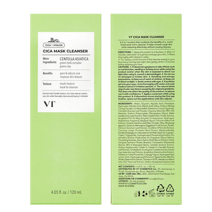 VT COSMETICS CICA Mask Cleanser, 2-in-1 Facial Wash, Non-Drying Clay Mask, Gentle Pore Care, Exfoliating, Hydrating, Centella Asiatica for Acne-Prone & Sensitive Skin, Korean Skincare -LLH